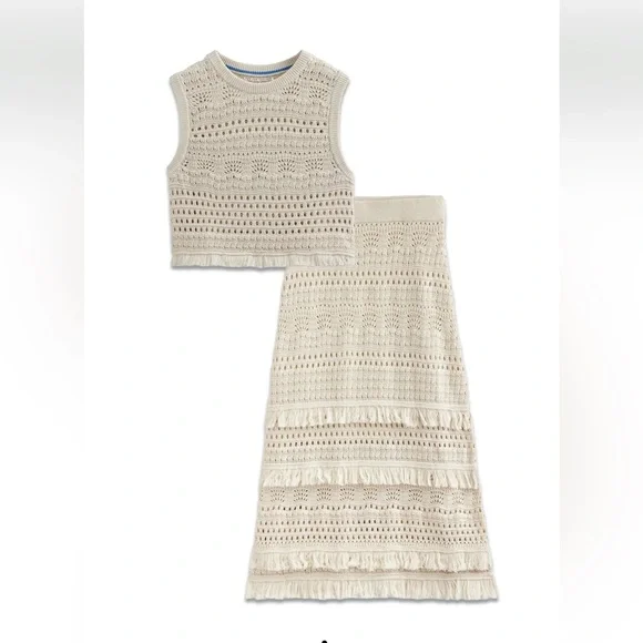 Boden Crochet Fringe Top and Skirt SET Size XS Top Size S Skirt - Picture 2 of 11